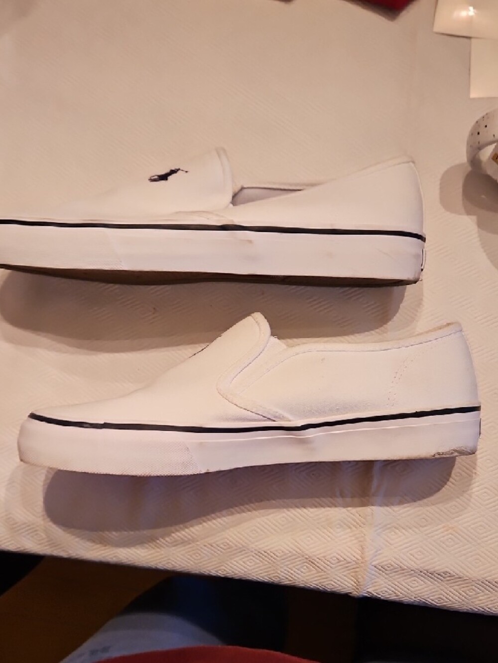 Polo by Ralph Lauren White Canvas Slip-On Loafers with Navy Logo - Picture 3 of 5